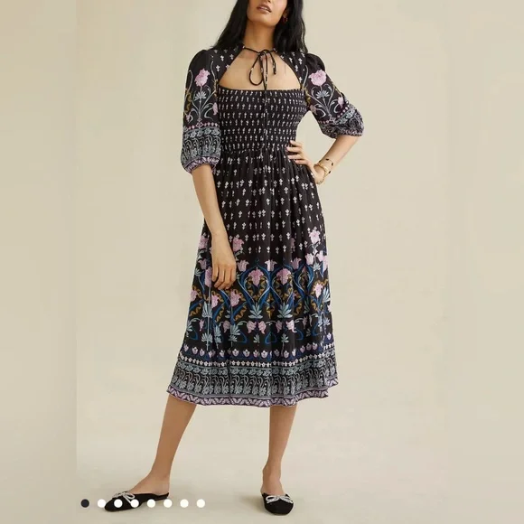 Anthropologie Dasha Smocked Midi Floral Tie Bohemian Dress Size Large - Picture 3 of 17